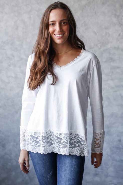 Relaxed Cotton V Neck Lace Detail Long Sleeve Top