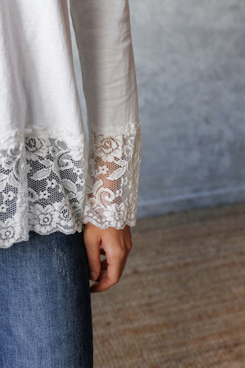 Relaxed Cotton V Neck Lace Detail Long Sleeve Top