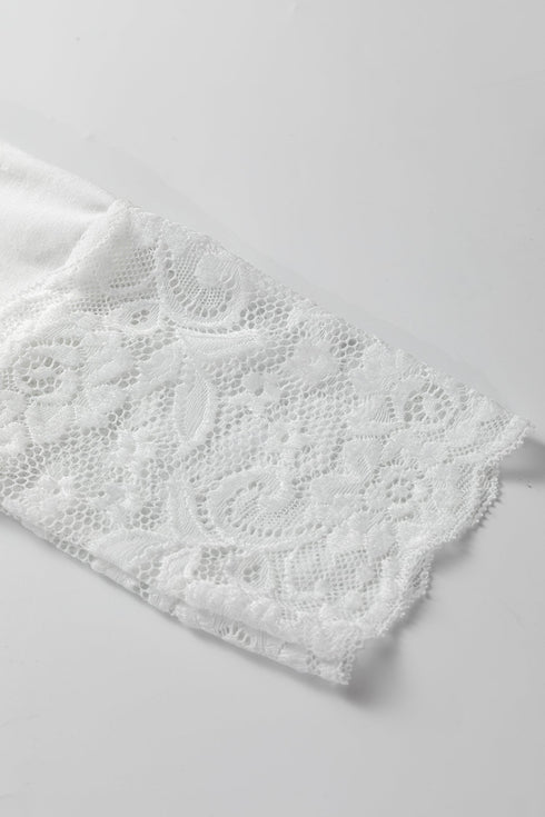 Relaxed Cotton V Neck Lace Detail Long Sleeve Top