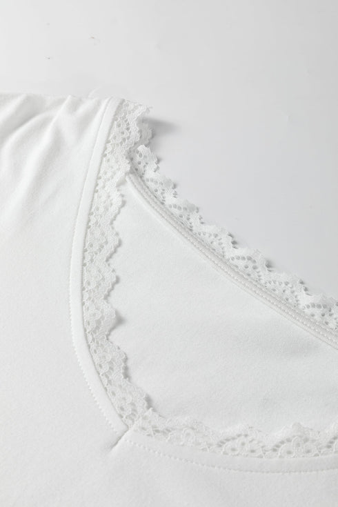 Relaxed Cotton V Neck Lace Detail Long Sleeve Top