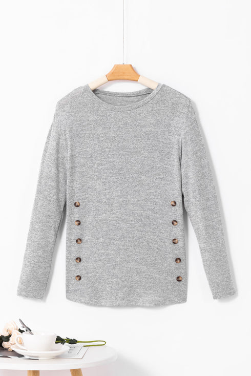 Relaxed Crew Neck Side Button Detail Knit Top