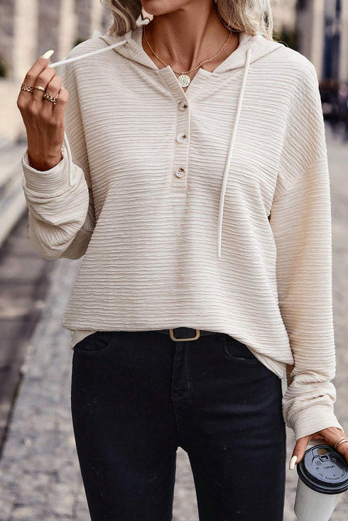 Relaxed Crinkle Texture Button Front Henley Hoodie