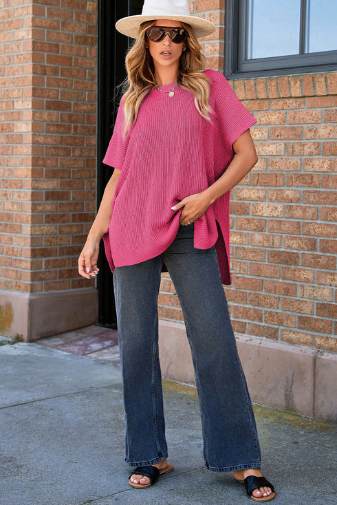 Relaxed Dolman Sleeve Ribbed Knit Pullover Sweater