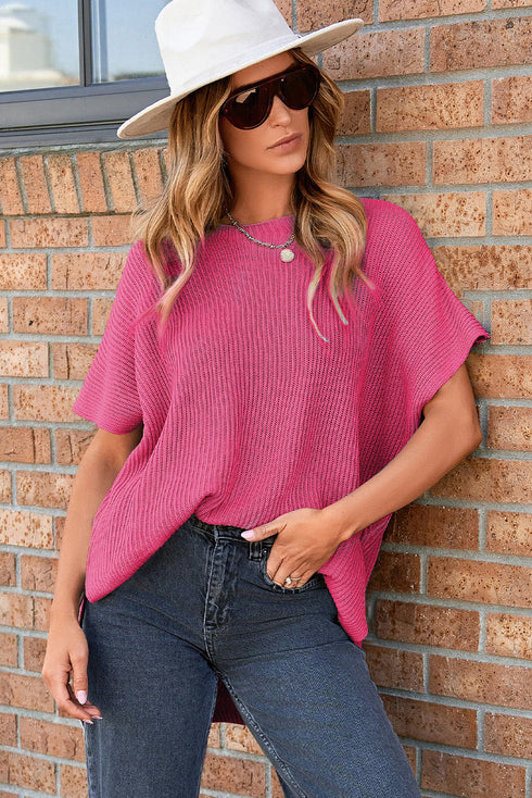 Relaxed Dolman Sleeve Ribbed Knit Pullover Sweater