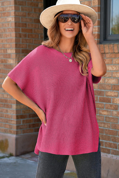 Relaxed Dolman Sleeve Ribbed Knit Pullover Sweater