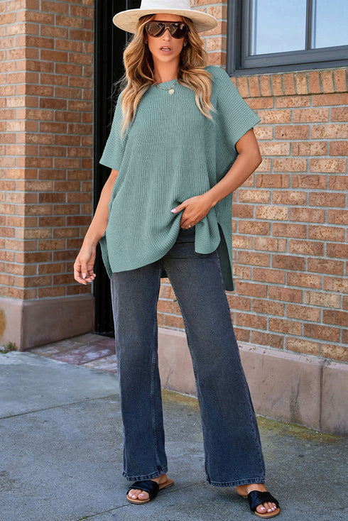 Relaxed Dolman Sleeve Ribbed Knit Pullover Sweater