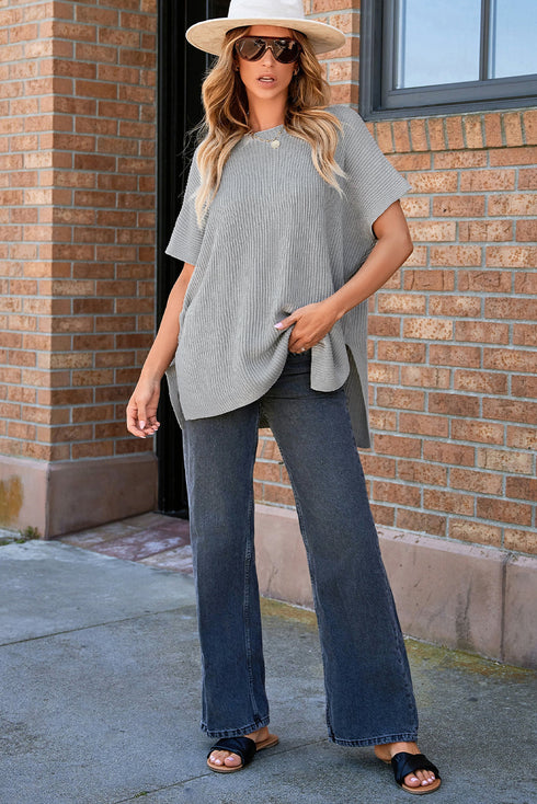 Relaxed Dolman Sleeve Ribbed Knit Pullover Sweater
