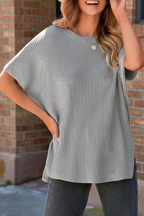 Relaxed Dolman Sleeve Ribbed Knit Pullover Sweater
