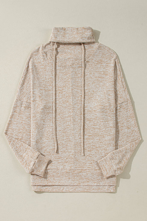Relaxed Drawstring Cowl Neck Split Hem Long Sleeve Top