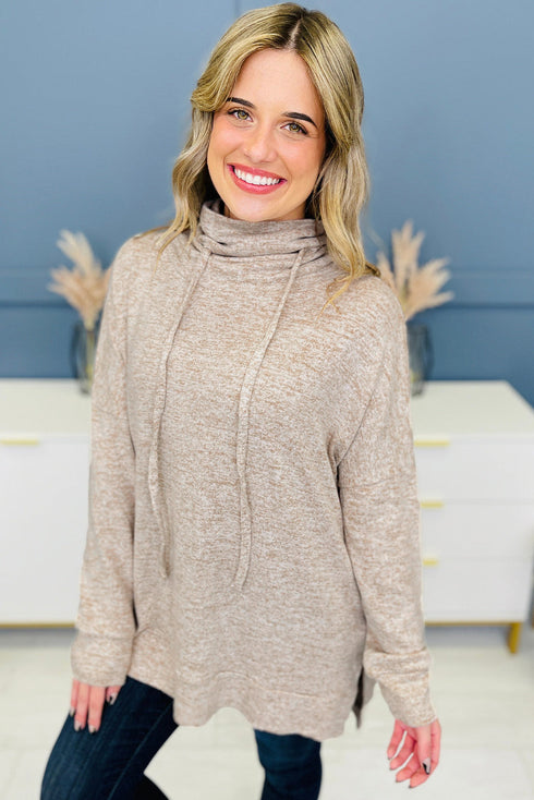 Relaxed Drawstring Cowl Neck Split Hem Long Sleeve Top