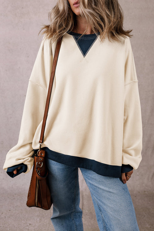 Relaxed Drop Shoulder Contrast Trim Crew Neck Sweatshirt