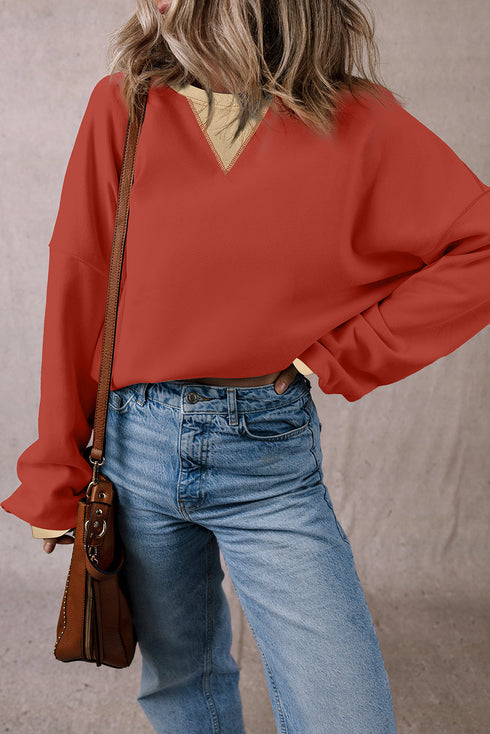 Relaxed Drop Shoulder Contrast Trim Crew Neck Sweatshirt