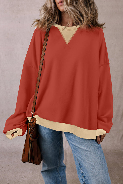 Relaxed Drop Shoulder Contrast Trim Crew Neck Sweatshirt
