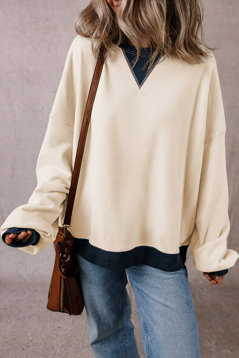 Relaxed Drop Shoulder Contrast Trim Crew Neck Sweatshirt