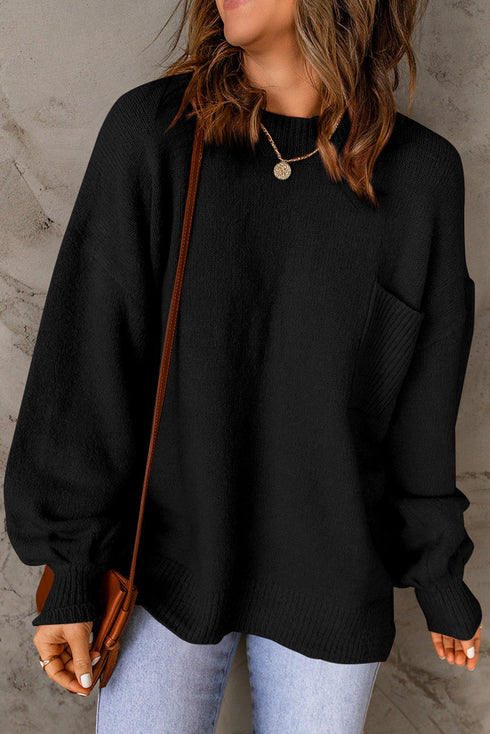 Relaxed Drop Shoulder Pocket Detail Crew Neck Sweater