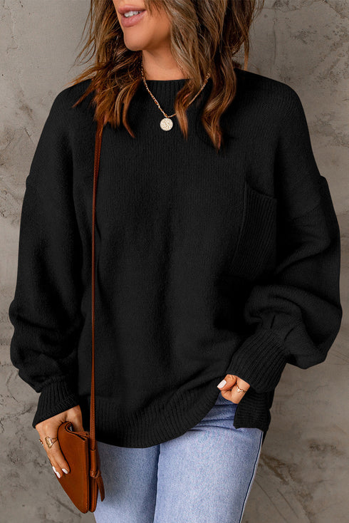 Relaxed Drop Shoulder Pocket Detail Crew Neck Sweater
