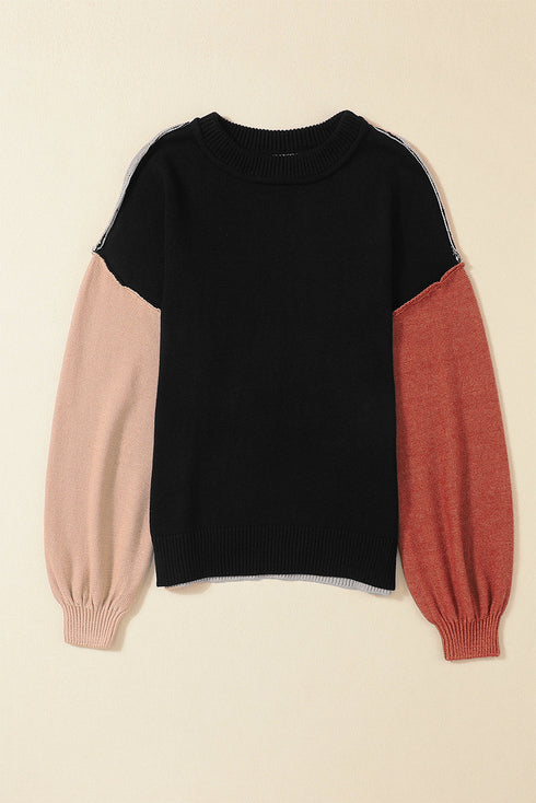 Relaxed Exposed Seam Balloon Sleeve Knit Sweater