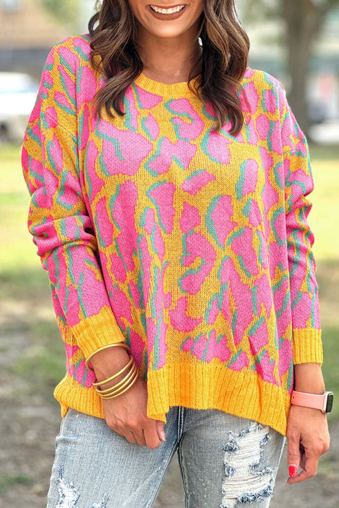 Relaxed Fit Abstract Animal Pattern Knit Sweater