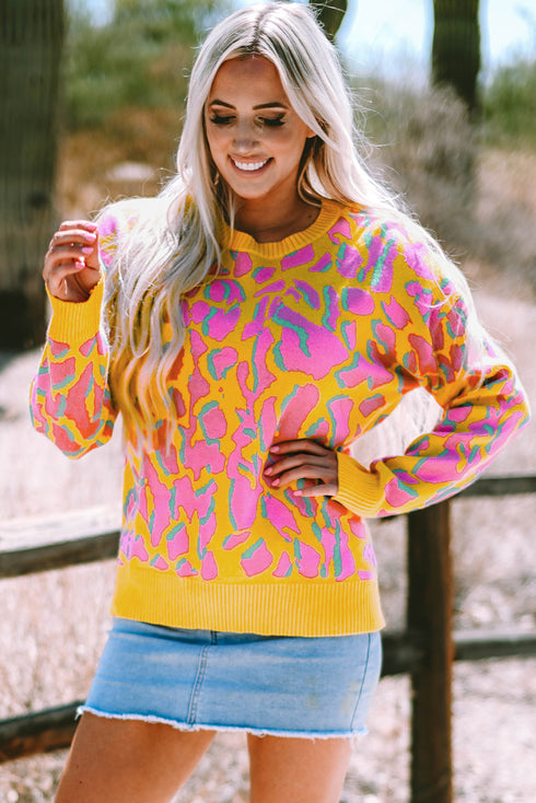 Relaxed Fit Abstract Animal Pattern Knit Sweater