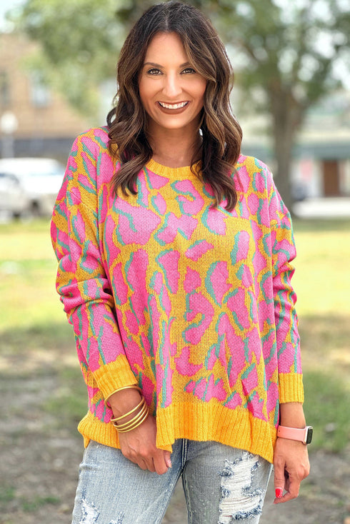 Relaxed Fit Abstract Animal Pattern Knit Sweater