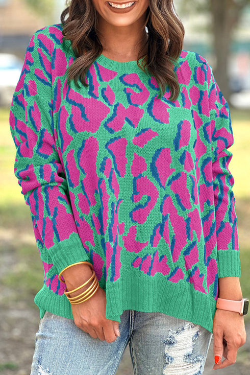 Relaxed Fit Abstract Animal Pattern Knit Sweater