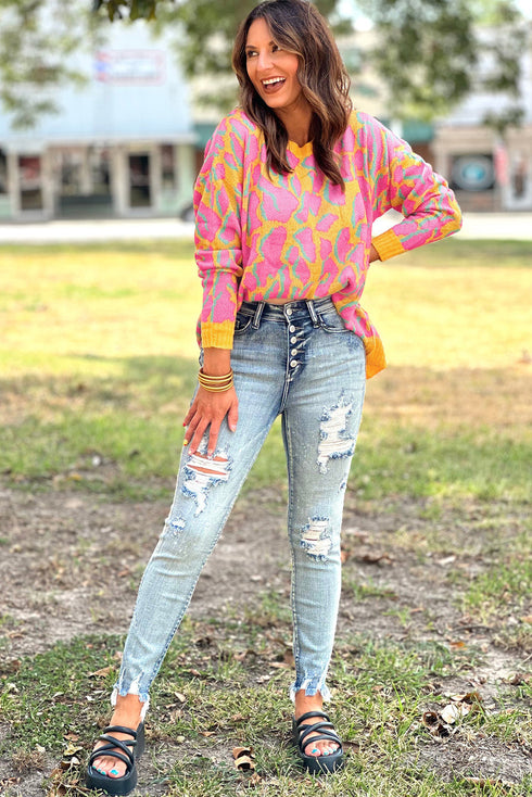 Relaxed Fit Abstract Animal Pattern Knit Sweater