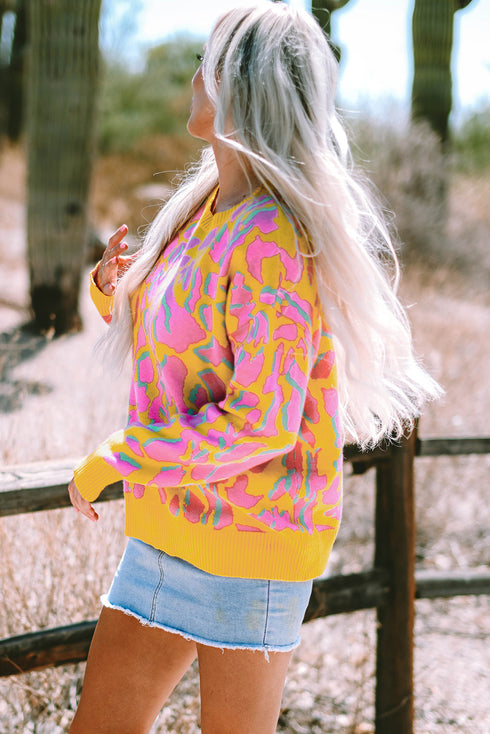 Relaxed Fit Abstract Animal Pattern Knit Sweater