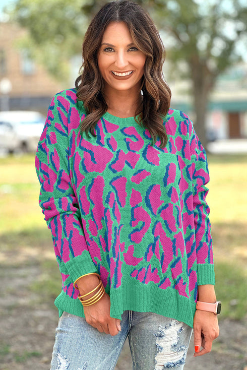 Relaxed Fit Abstract Animal Pattern Knit Sweater
