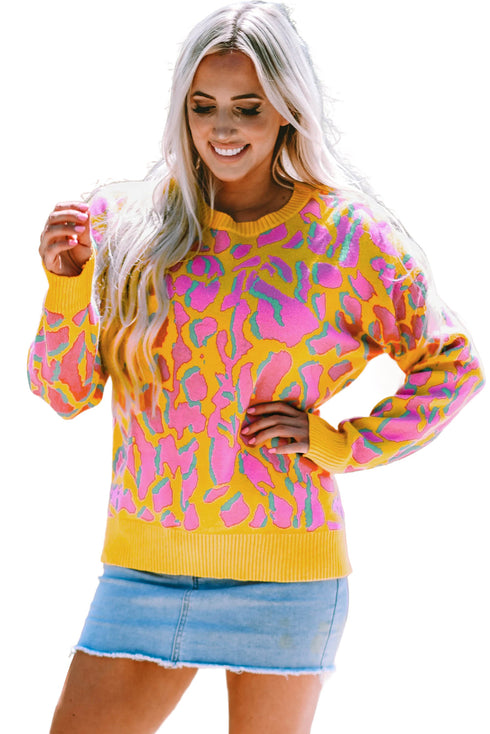 Relaxed Fit Abstract Animal Pattern Knit Sweater