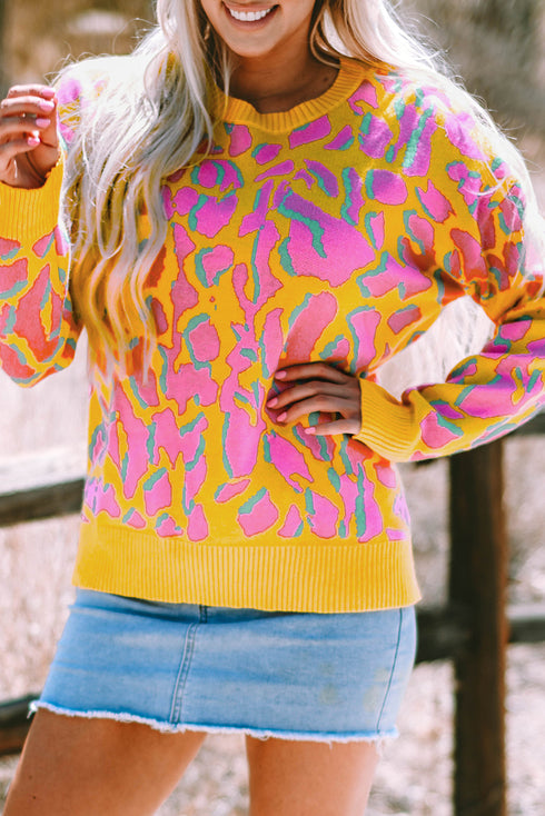Relaxed Fit Abstract Animal Pattern Knit Sweater