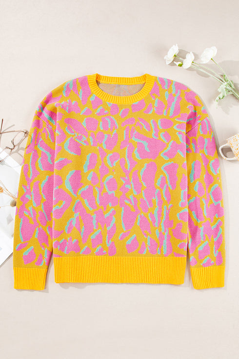 Relaxed Fit Abstract Animal Pattern Knit Sweater