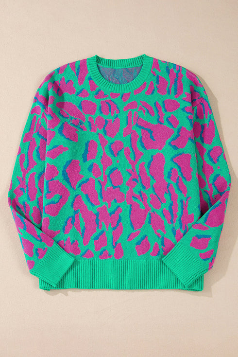 Relaxed Fit Abstract Animal Pattern Knit Sweater