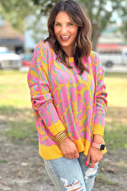 Relaxed Fit Abstract Animal Pattern Knit Sweater
