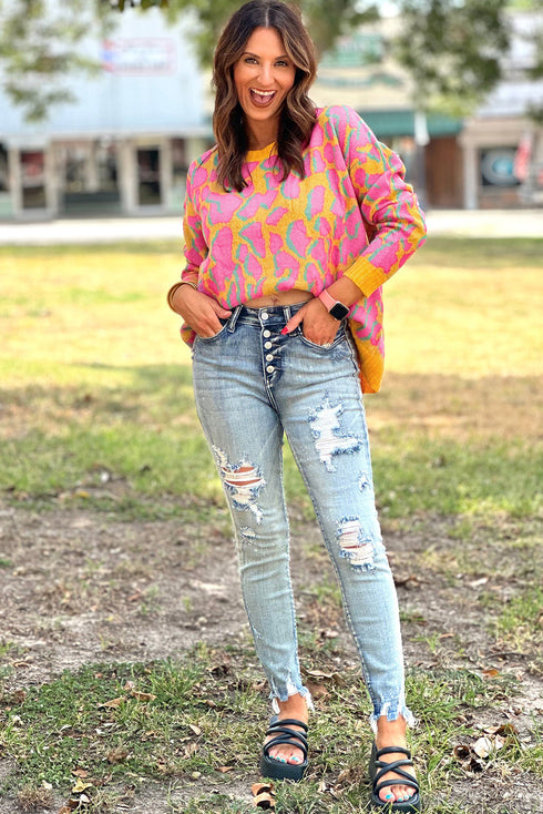 Relaxed Fit Abstract Animal Pattern Knit Sweater