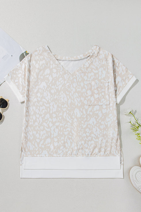 Relaxed Fit Abstract Animal Print V Neck Top