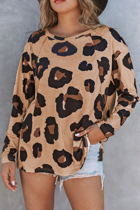 Relaxed Fit Animal Print Raglan Pocket Top