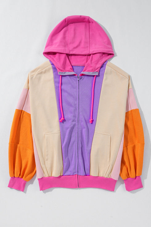 Relaxed Fit Balloon Sleeve Blocked Zip Up Hoodie