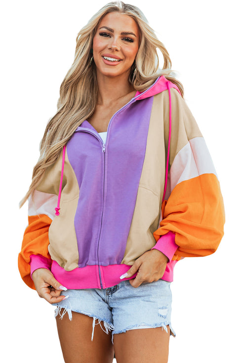 Relaxed Fit Balloon Sleeve Blocked Zip Up Hoodie