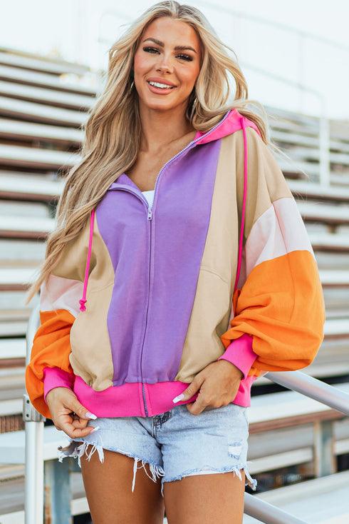 Relaxed Fit Balloon Sleeve Blocked Zip Up Hoodie