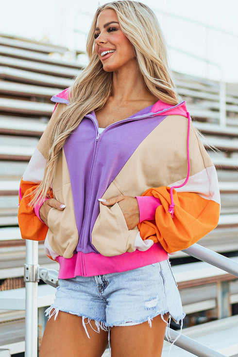 Relaxed Fit Balloon Sleeve Blocked Zip Up Hoodie