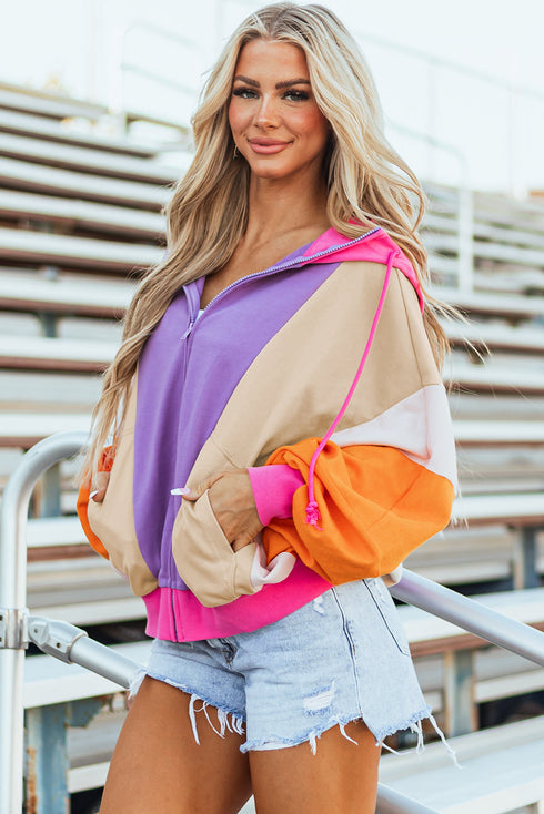 Relaxed Fit Balloon Sleeve Blocked Zip Up Hoodie