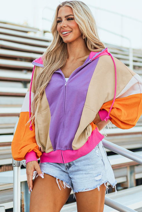 Relaxed Fit Balloon Sleeve Blocked Zip Up Hoodie