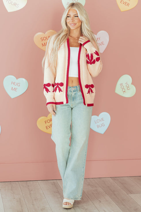 Relaxed Fit Bow Motif Open Front Cardigan