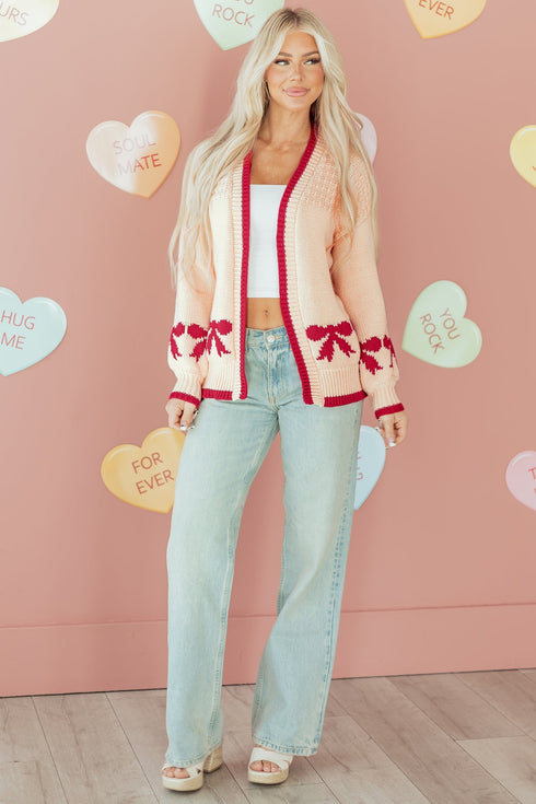 Relaxed Fit Bow Motif Open Front Cardigan