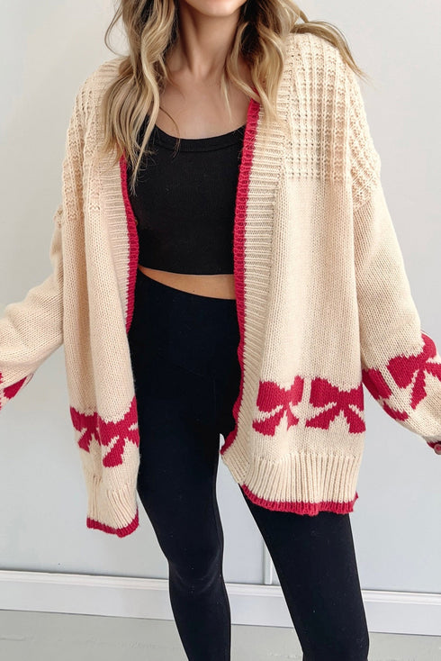 Relaxed Fit Bow Motif Open Front Cardigan
