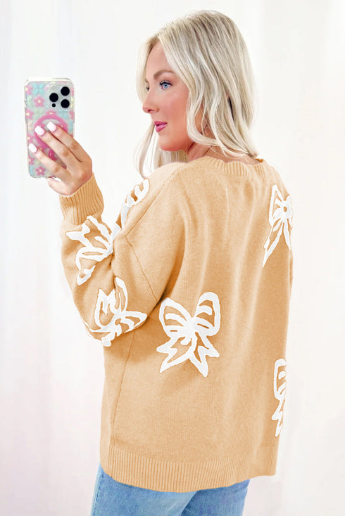 Relaxed Fit Bow Pattern Crewneck Knit Pullover Sweater
