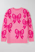 Relaxed Fit Bow Pattern Crewneck Knit Pullover Sweater