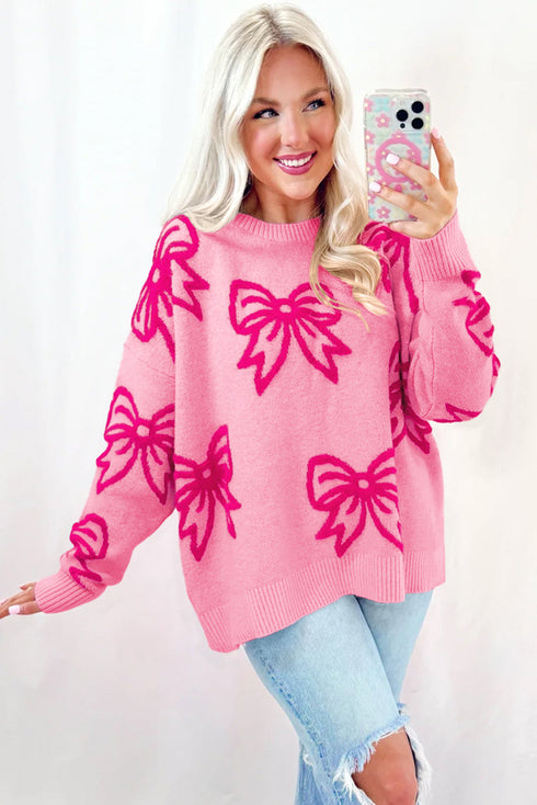 Relaxed Fit Bow Pattern Crewneck Knit Pullover Sweater