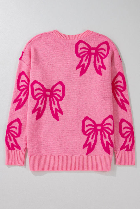 Relaxed Fit Bow Pattern Crewneck Knit Pullover Sweater
