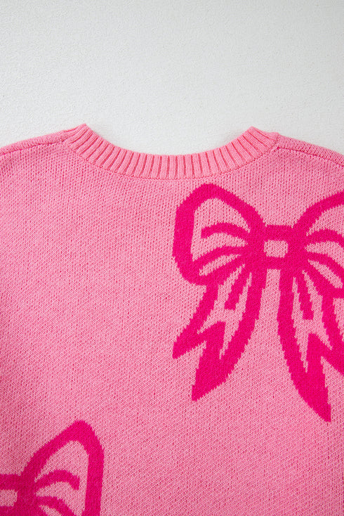 Relaxed Fit Bow Pattern Crewneck Knit Pullover Sweater